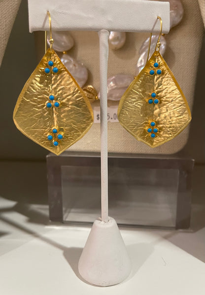 Hammered 22k Gold Leaf Turquoise Statement Earrings 2”