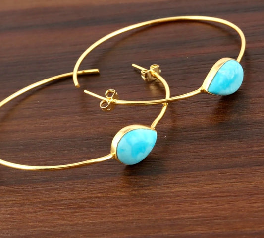 Pear-Shaped Larimar Gemstone Gold Hoop Earrings 2.25”