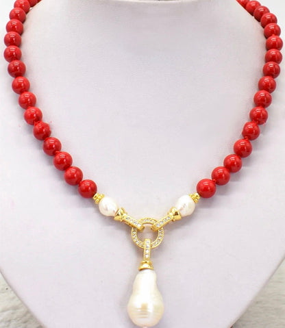 Rare Keshi Pearl and Red Coral Gemstone Double-Knotted Statement Necklace 18"