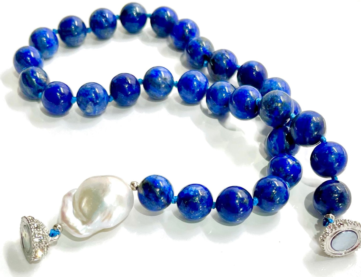 Lapis Lazuli & Baroque Pearl Gemstone Statement Necklace with Magnetic Clasp