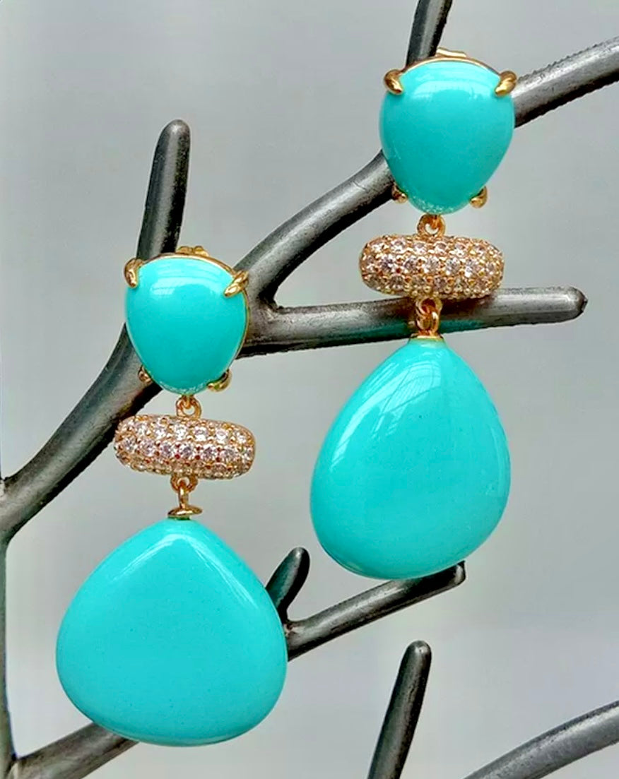 Sleeping Beauty Turquoise & Gold Pave Dangles Earrings 1.7”