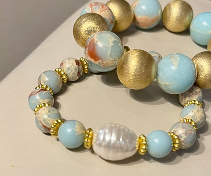 Aqua Terra "Impression" Jasper and Pearl Gold Beaded Bracelet