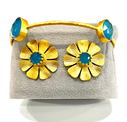 Blue Chalcedony Gemstone Bangle Bracelet and Earrings Set