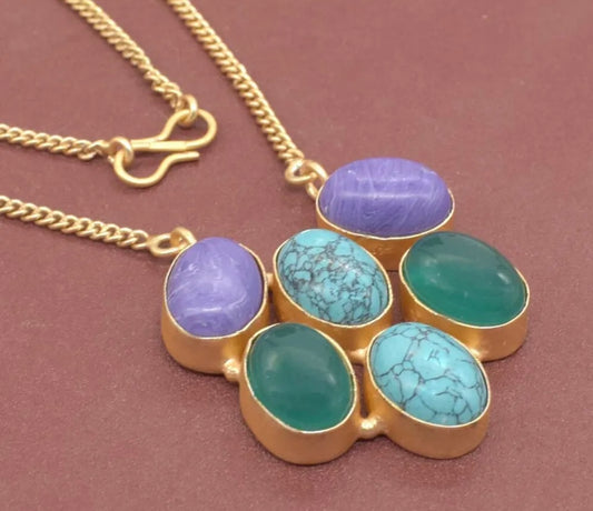 Multi-Gemstone Onyx, Charoite and Turquoise Gemstone Pendant Chain Necklace 18