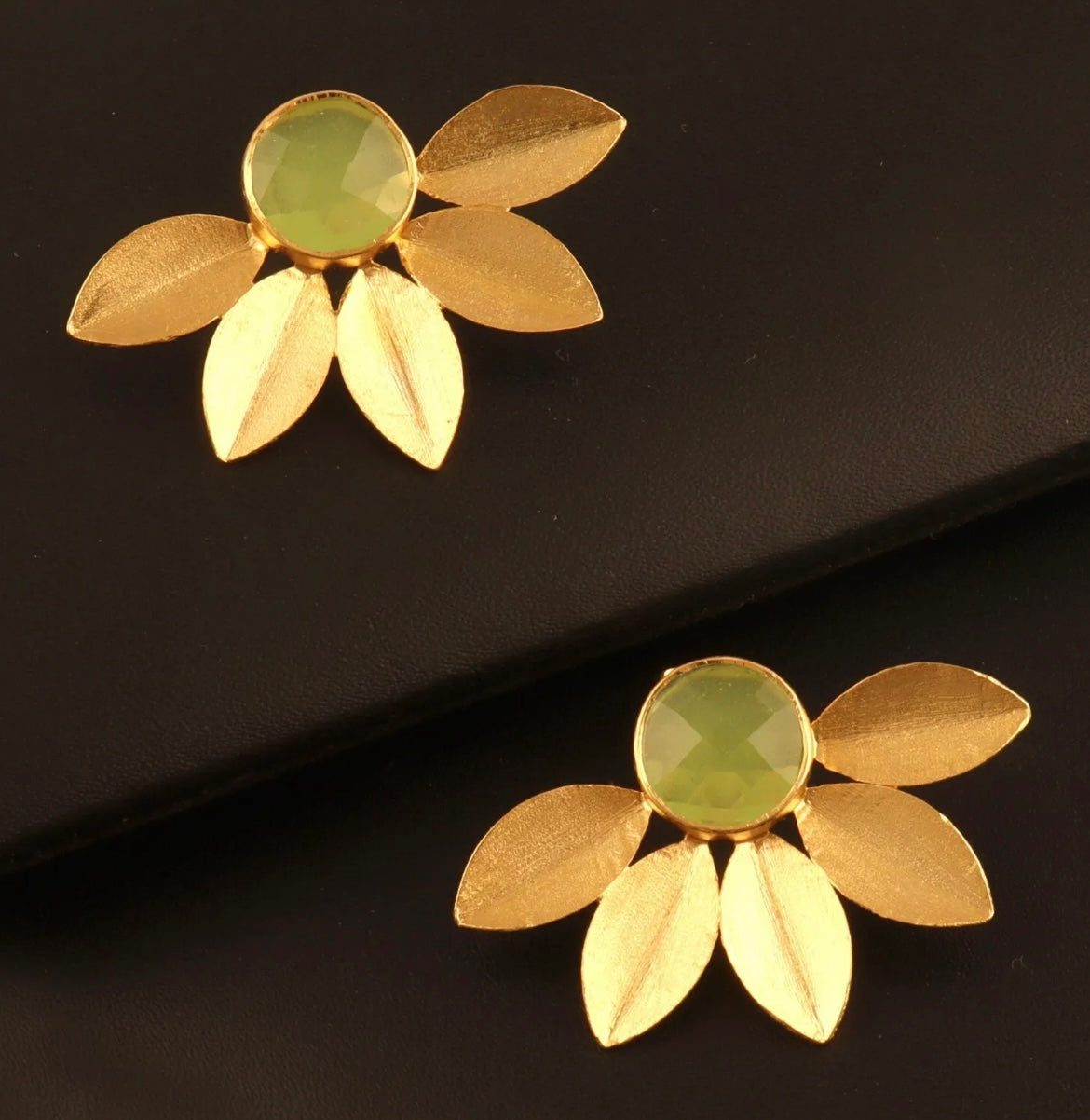 Leaf Design 18k Brushed Gold Vermeil Chalcedony Gemstone Studs