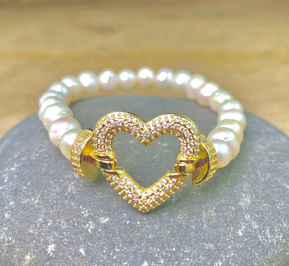 Freshwater Pearl Bracelet with Micro Pave Heart Center Accent