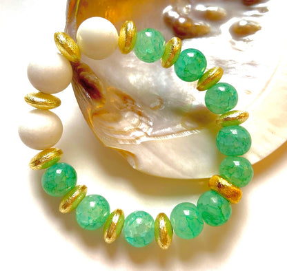 Alabaster and Light Green Agate Gold Beaded Bracelet
