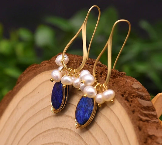 Lapis Lazuli and Pearl Gemstone Dangle Earrings 1.5"