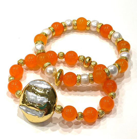 Orange Topaz and  Freshwater Pearl Gemstone Gold Bracelet Stack