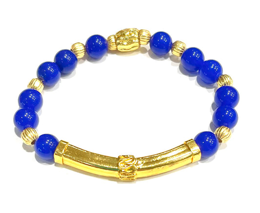 Blue Chalcedony Gemstone Gold Bali Tube Beaded Bracelet