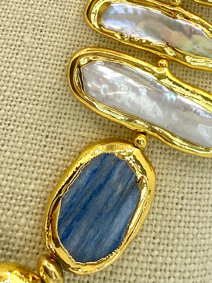 Distinctive Blue Kyanite & Pearl Gemstones Statement Necklace and Earrings Set 24”