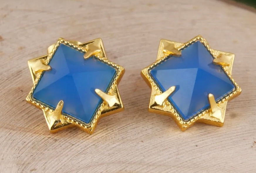French Blue Chalcedony Pyramid Stud Earrings