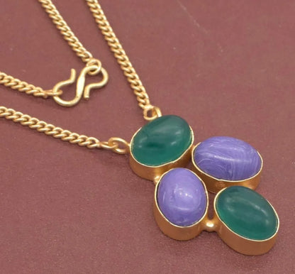 Colorful Green Onyx and Purple Charoite Gemstone Pendant/Chain Necklace 18"