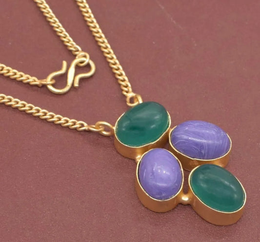 Colorful Green Onyx and Purple Charoite Gemstone Pendant/Chain Necklace 18