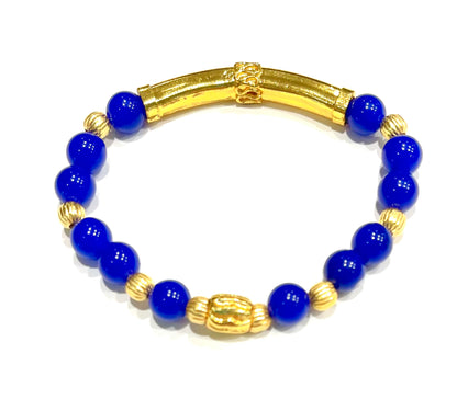Blue Chalcedony Gemstone Gold Bali Tube Beaded Bracelet