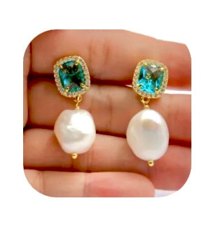 Pretty Freshwater Pearls with Blue Cat’s Eye & Pave Gold Studs Dangles