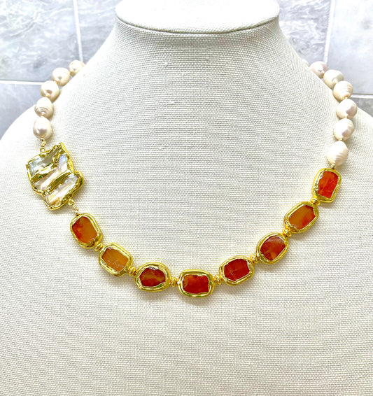 Orange Carnelian and Freshwater Pearls Gemstone Statement Necklace 23”