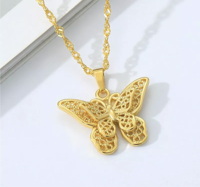 Dainty 24K Gold Filled Butterfly Pendant Necklace 18”