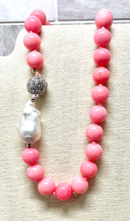 Natural Pink Rhodochrosite & Baroque Pearl Double-Knotted Necklace 18"