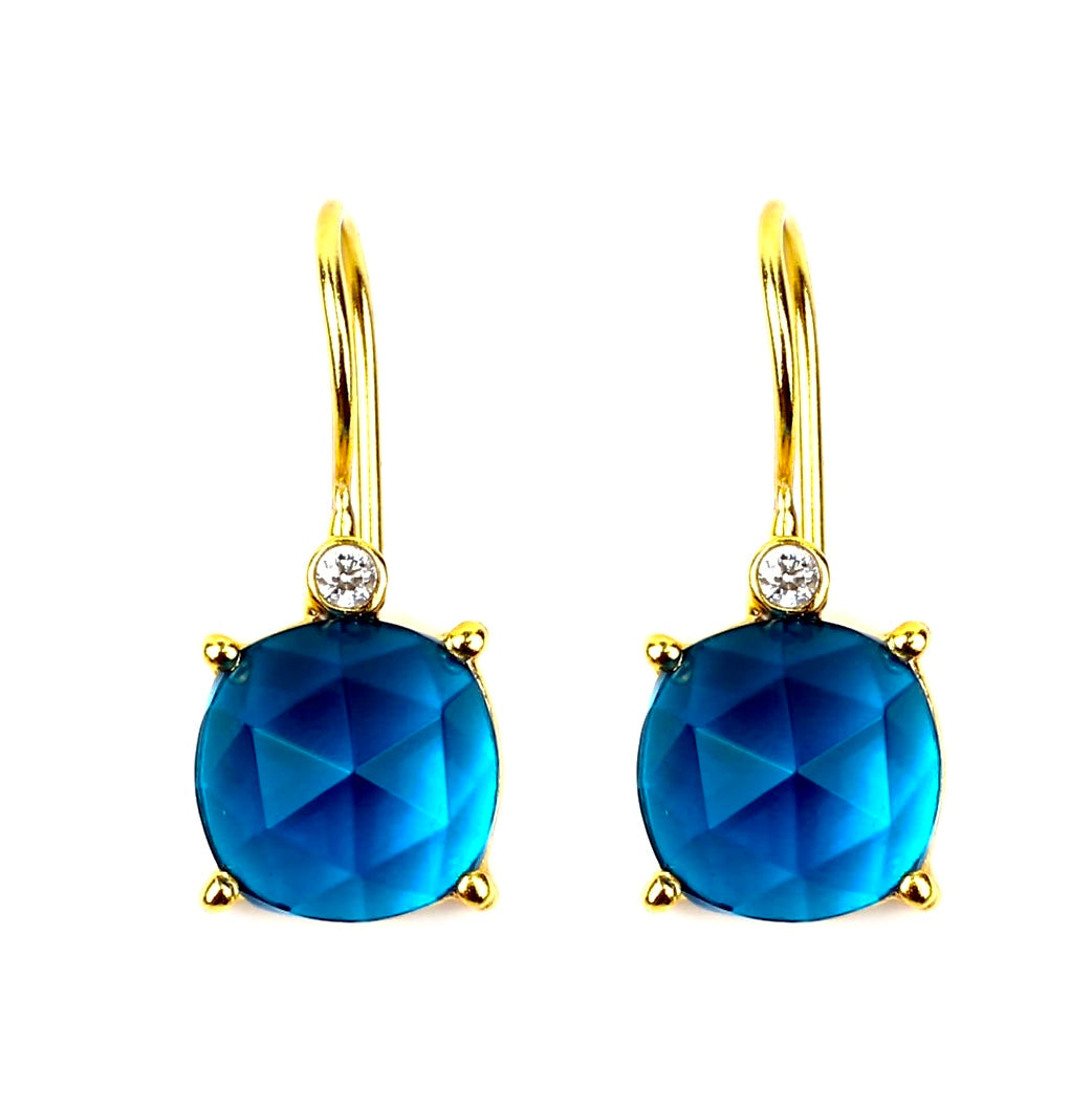 Swiss Blue Topaz Gemstone Gold Dangle Earrings 1.5”