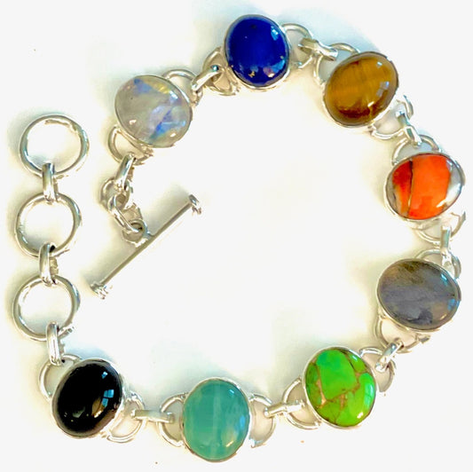 Colorful Multi-Gemstone Sterling Silver Adjustable Chain Link Bracelet