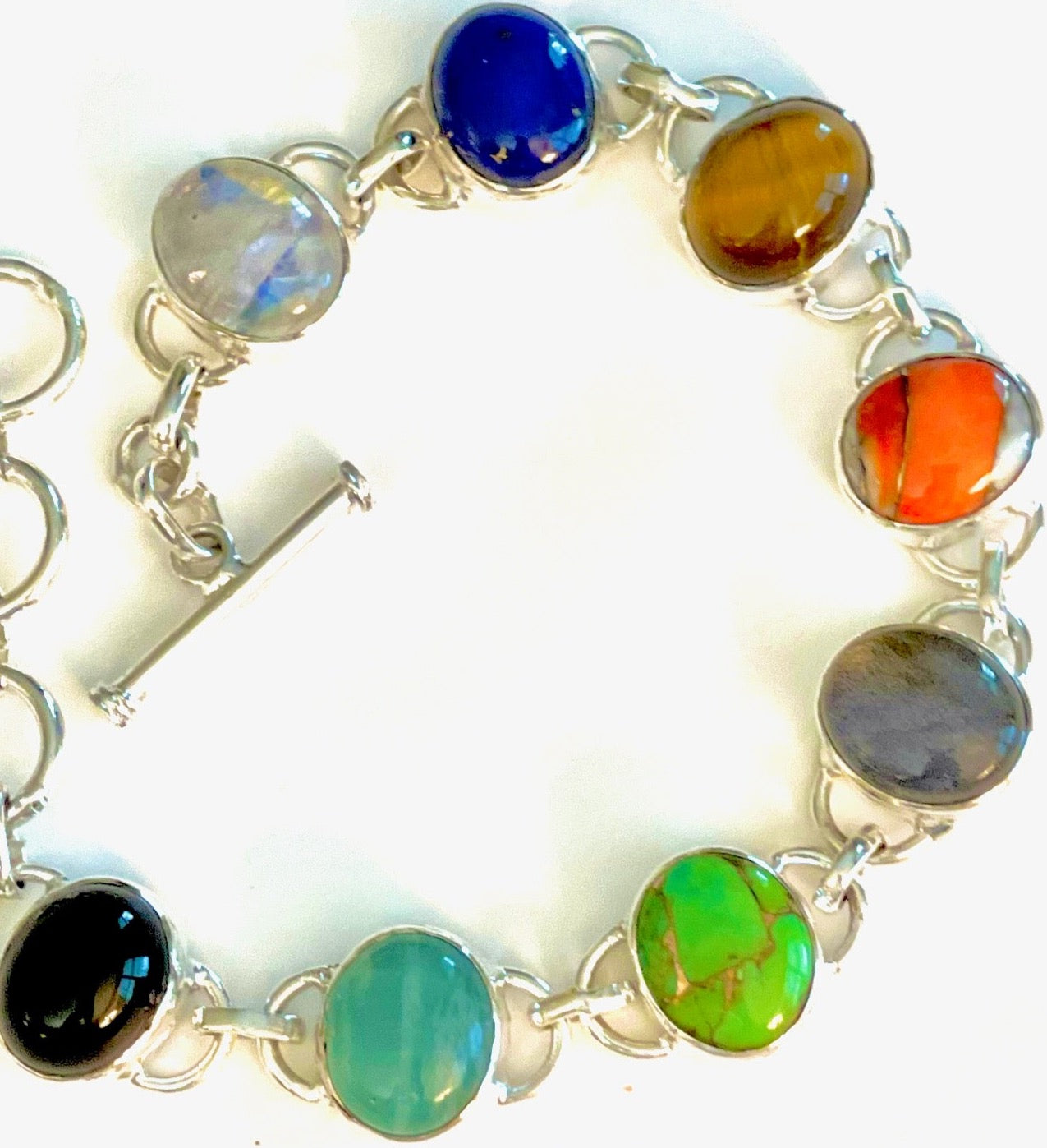 Colorful Multi-Gemstone Sterling Silver Adjustable Chain Link Bracelet