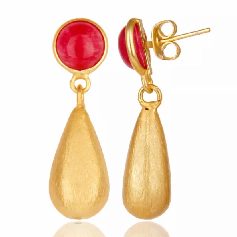 Pink Aventurine Gemstones and 22k Brushed Gold Vermeil Teardrop Dangle Earrings 1.5”