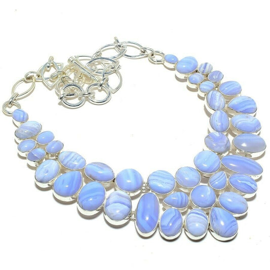Lovely Blue Lace Semi-Precious Gemstone Silver Statement Necklace