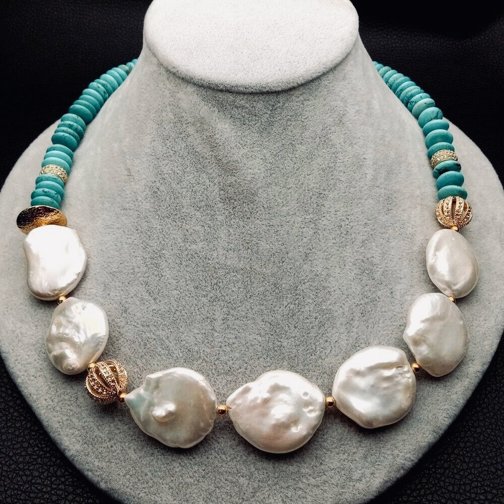 Turquoise & Keshi Pearl Gold Statement Necklace 20"