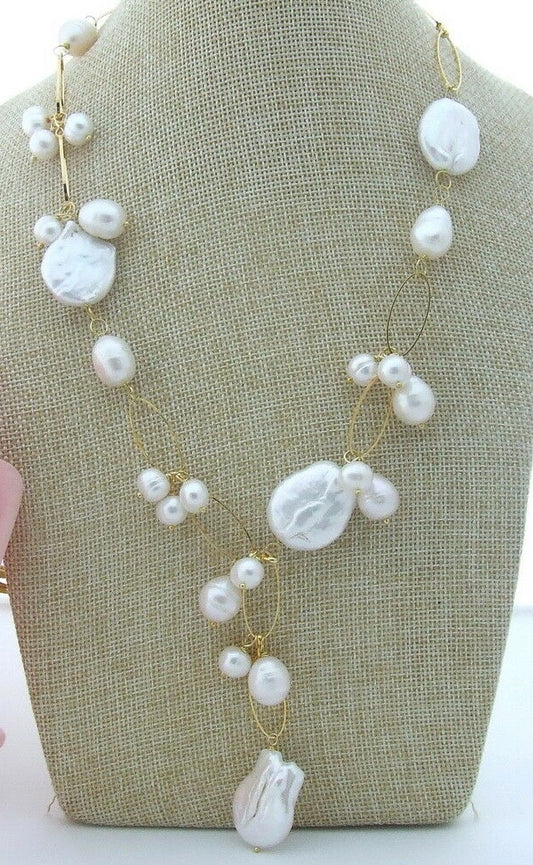 Elegant Freshwater Pearls 18k Gold Chain Statement Necklace 21