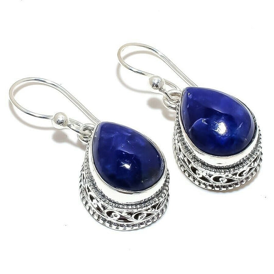 Sterling Silver Tear-Shaped Lapis Lazuli Gemstone Dangle Earrings 1.5”