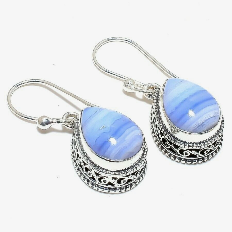 Lovely Blue Lace Gemstones 925 Sterling Silver Earrings