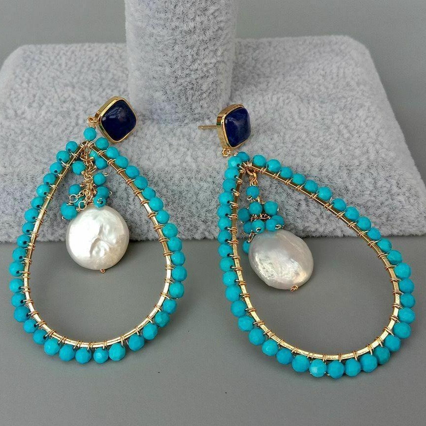 Lovely Blue Turquoise, Lapis Lazuli & Coin Pearl Statement Earrings