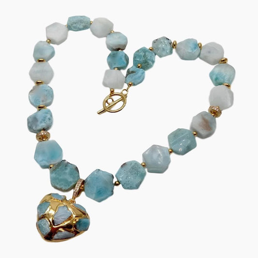 Caribbean Blue Larimar Gemstone Pendant Statement Necklace 18"