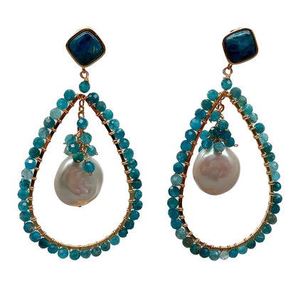 Blue Apatite and White Coin Pearl Gemstone Dangle/Hoop Earrings 2”