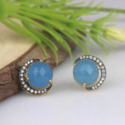 Crescent Moon Light Blue Chalcedony Gold and Rhodium Stud Earrings