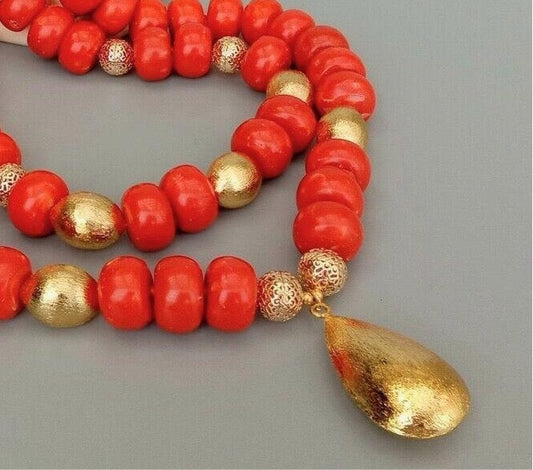Orange Coral Gold Vermeil Pendant Statement Necklace 25