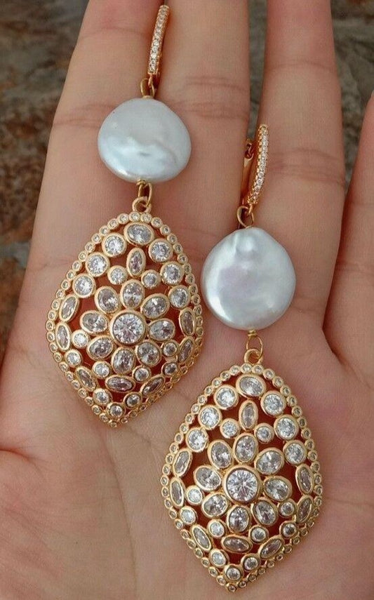 Lovely 22k Gold Plated Coin Pearl Statement Earrings 3.1”