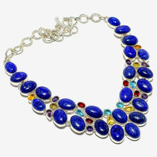 Couture Lapis Lazuli, Multi-Gemstone Sterling Silver Statement Necklace