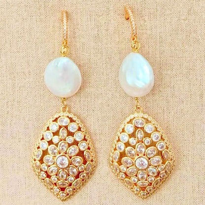 Lovely 22k Gold Plated Coin Pearl Statement Earrings 3.1”