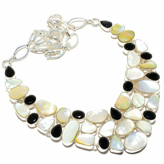 Mother Of Pearl and Black Onyx Gemstone Sterling Silver Statement Necklace