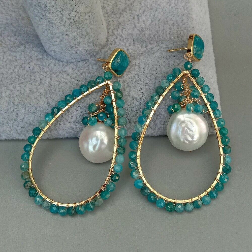 Blue Apatite and White Coin Pearl Gemstone Dangle/Hoop Earrings 2”