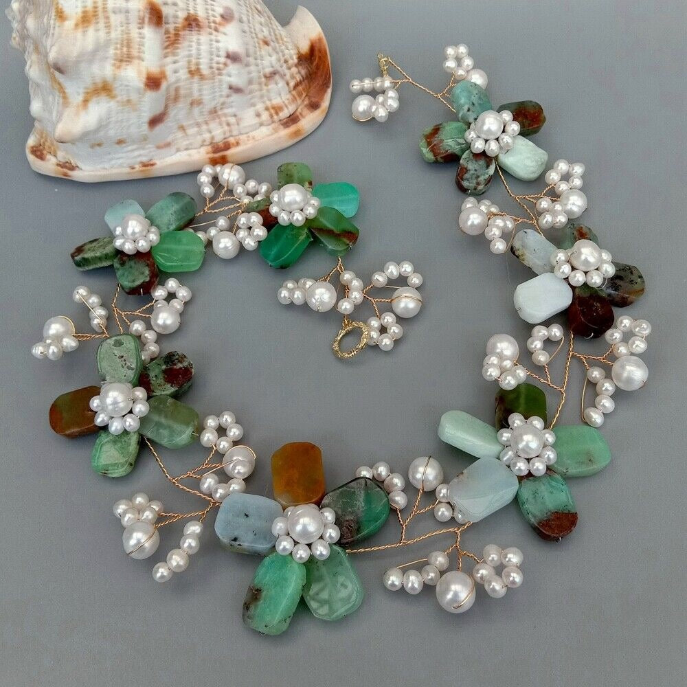 Rare Green Chrysoprase Gemstones and Pearls Flower Statement Necklace