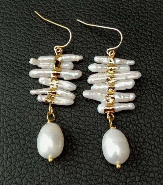 Keshi Biwa Pearls and 18k Gold Statement Earrings 2"