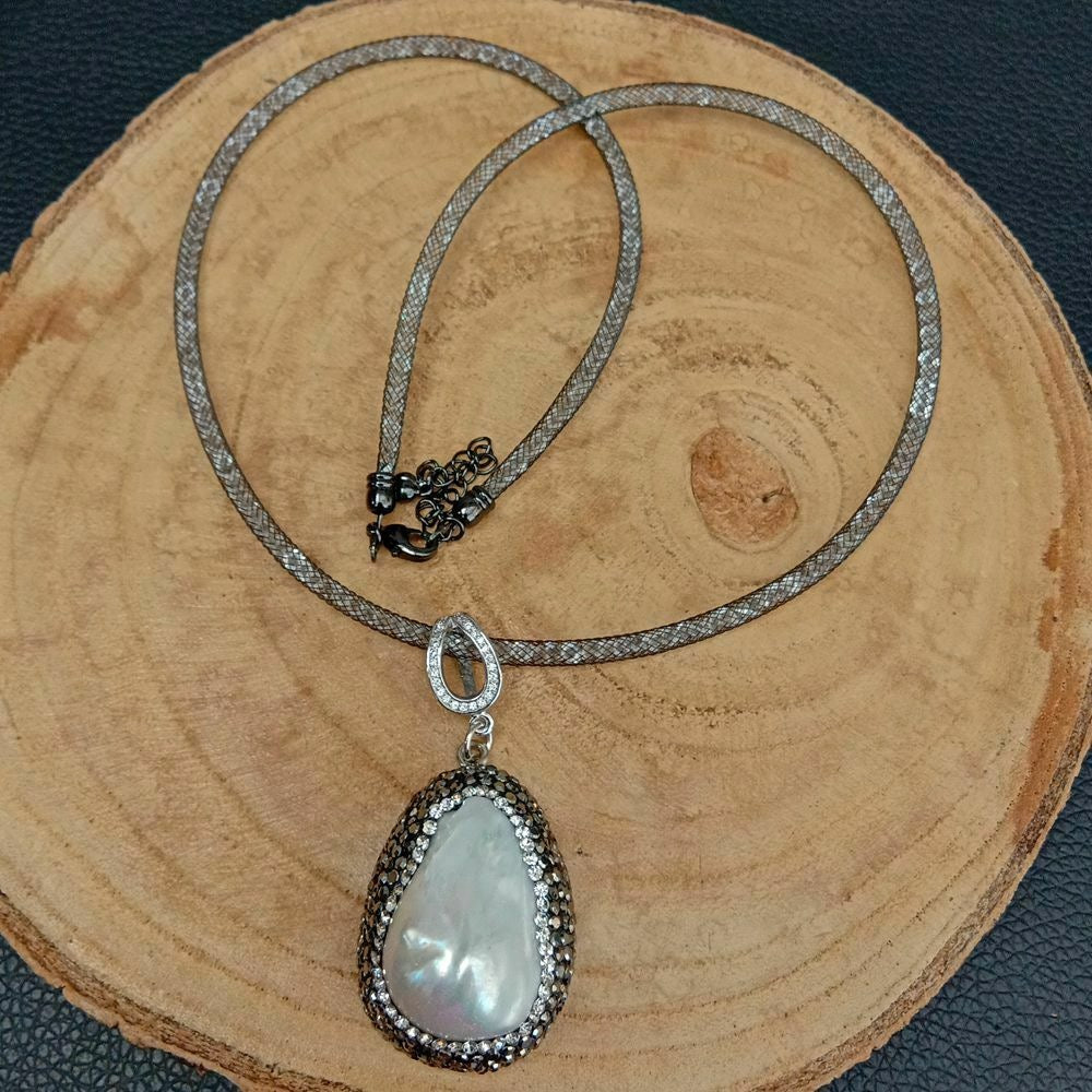 Distinctive Silver Mesh Necklace with Keshi Pearl Marcasite Pendant 19”