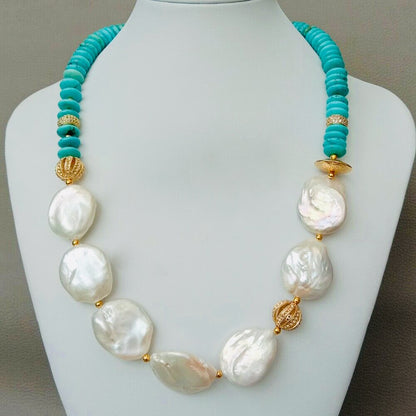 Turquoise & Keshi Pearl Gold Statement Necklace 20"