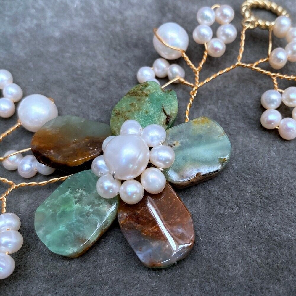Rare Green Chrysoprase Gemstones and Pearls Flower Statement Necklace