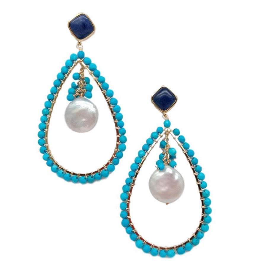 Lovely Blue Turquoise, Lapis Lazuli & Coin Pearl Statement Earrings