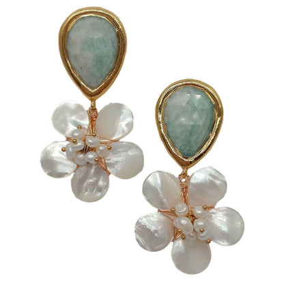 Amazonite and Pearl Gemstone Flower Statement Earrings 2.2”