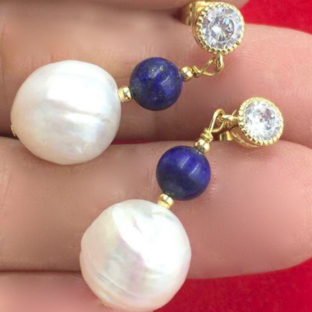 Lapis Lazuli and Baroque Pearl CZ Dangle Earrings